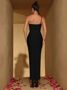 FEELAIR New Sexy Rhinestone One Shoulder Open Front Slit Backless Maxi Party Evening Dress, Fitted Black Long Tie Up Formal Gown, Fashion Women's Holiday Wedding Party Formal Banquet Dress - Black - View 6