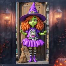 1pc (35*70inch/90*180cm) Polyester Halloween Door Banner Decoration, Cute 2D Cartoon Style Green Witch & Cat Design, Suitable For Home, Garden, Yard, Indoor/Outdoor Party Decor