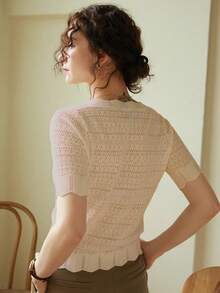 Knit Mix Áo sơ mi nữ thanh lịch, áo thun ngắn tay cổ tròn khoét eo với viền ren độc đáo, phù hợp với dáng người nhỏ nhắn, màu trơn, thích hợp mặc thường ngày/đi làm, áo mùa xuân/hè, màu kem cổ điển tinh tế, trang phục mùa xuân/hè cho năm học mới, cũng thích hợp cho các dịp thường nhật như Giáng sinh, Lễ Tạ ơn và Năm mới. - Màu Khaki - Xem 2