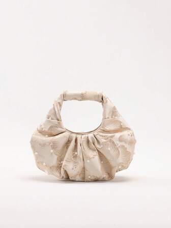 2024 Vår Ny Enkel Färg PU Molnväska, Modern Plisserad Elegant Blommönster Strandstil Damhandväska, Pärlpliserad Väska