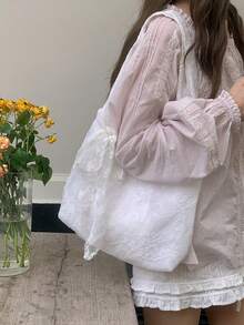 韓式可愛蕾絲花卉帆布托特包，女款大容量溫柔淑女肩背腋下包，通勤適用 - 白色 - 查看 2