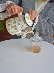 1 Set 1.2L Retro Floral Enamel Teapot, Milk Pot, Lid Cup, Square Pot, Coffee Pot, Handmade Tea Infuser Pot, Household Boiling Water Enamel Pot, Desktop Decorative Enamel Pot, Enamel Pot As Gift For Friends And Elders, Enamel Pot That Can Be Directly Heated In The Kitchen Back To School