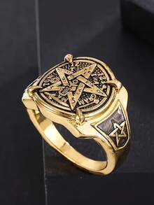 1pc Elegant Men's Gold-Color Copper Ring With Intricate Ancient Egyptian & Pentagram Design, Suitable For Formal Events, Parties, Daily Wear, Ideal Gift For Boyfriend, Husband, Father On Valentine's Day/Father's Day