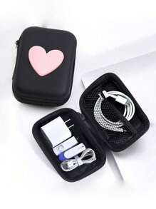 1 pieza Bolsa de almacenamiento portátil con forma de corazón de material EVA, adecuada para organizar cables/auriculares/cargadores/pequeños accesorios digitales/monedas