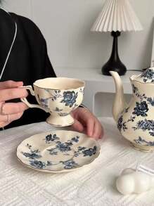 1 Pezzo Tazza da caffè e piattino in ceramica semplice e floreale, coppia di tazze di lusso leggere per uso domestico e in ufficio, per il tè del pomeriggio, adatto come regalo e decorazione per occasioni speciali