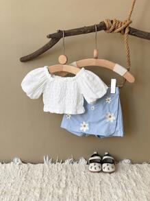 2pcs/Set Newborn Baby Girl White Princess Super Short Puff Sleeve T-Shirt + Floral Embroidery Shorts, Summer