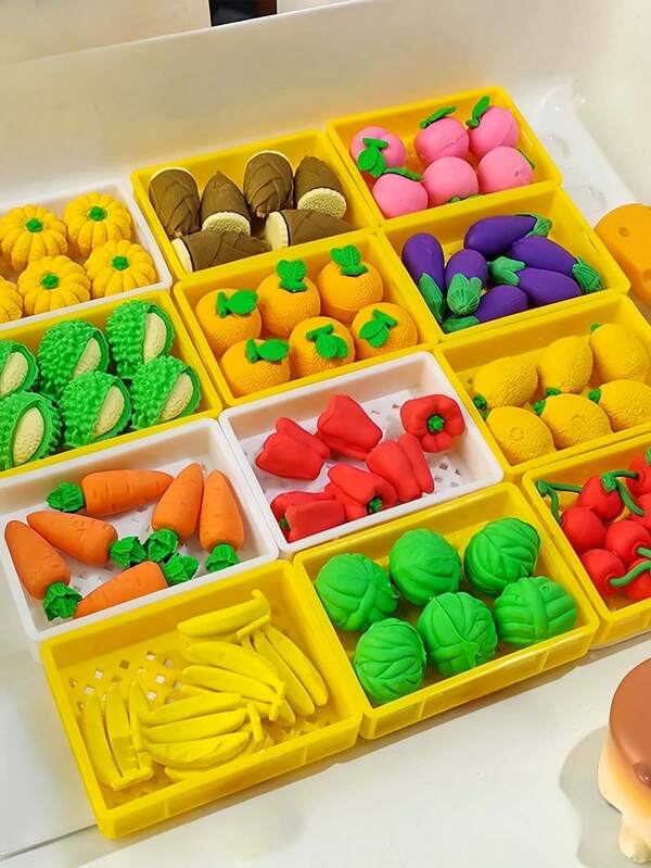 25pcs/50pcs (Random Style) Fruit & Vegetable Miniature Erasers, Cute Stationery Gift Fruit & Vegetable 3D Shaped Puzzle Erasers Back To School
