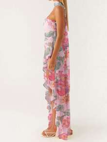 Women Casual Tube Dress Summer Solid Color/Floral Print High Low Ruffles Dress With Scarf For Cocktail Streetwear - 紫羅蘭色 - 查看 3