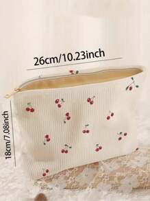 1 pièce Sac de rangement à fermeture éclair en velours côtelé imprimé de cerises | Sac de maquillage et de toilette multifonction léger avec doublure - Organisateur cosmétique élégant pour les voyages, l'utilisation quotidienne et le rangement des articles de toilette (design à motif mignon et construction durable)