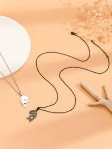 ATLVXJL 2pcs/Set Couple Kissing Love Jigsaw & ILOVEYOU Letter Stainless Steel Decorative Pendant Necklace, Casual Couple Jewelry Suitable For Daily Wear & Valentine's Day Gift - Multicolor - View 3