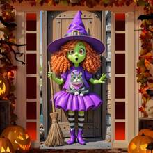 1pc (35*70inch/90*180cm) Polyester Halloween Door Banner Decoration, Cute 2D Cartoon Style Green Witch & Cat Design, Suitable For Home, Garden, Yard, Indoor/Outdoor Party Decor