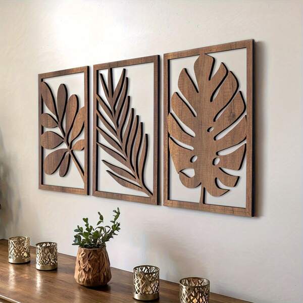 Juego de 3 piezas de arte de pared de hojas de madera retro en 2D - Autoadhesivo, fácil de instalar, reutilizable, efecto mate, muy adecuado para la decoración de la sala de estar, dormitorio, oficina | Arte de pared retro | Arte de marco de madera, decoración de pared