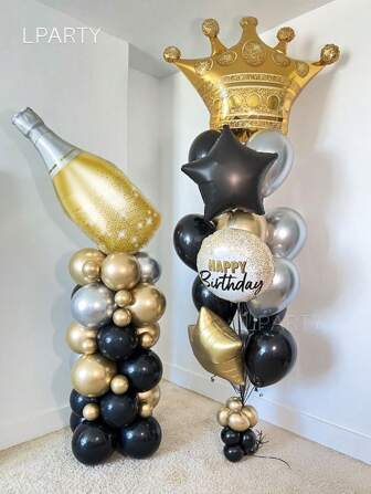 Set de 47 de baloane de petrecere luxoase cu tematică Regină – Baloane folie gigantice cu coroană și sticlă de șampanie, Baloane stea negre și aurii de 45 cm, Balon folie rotund cu tematică La mulți ani – Decor elegant negru și auriu pentru petreceri de ziua de naștere, petreceri cu ceai pentru doamne, Ziua Îndrăgostiților romantică