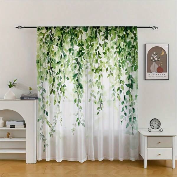 2 piezas de cortinas semitransparentes con diseño floral, cortinas de bolsillo para vara de diseño digital impreso para decoración de sala de estar y dormitorio, de poliéster gasa, con diseño floral inspirado en la naturaleza, con bolsillo para vara