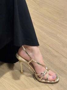 2024 New Summer Women Metallic Color Strap High Heel Sandals, Elegant Lady Stiletto Shoes