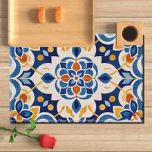 A Set Of 4/6pcs With Blue Patterns, Table Placemats, Made Of Machine Washable Polyester Fiber, This Rectangular Heat-Resistant Placemat Is Heat-Resistant, Stain Resistant, Waterproof, And Easy To Clean. It Is Suitable For Desktop Decoration, Holiday Party Decoration, And Desktop Protection, And Is Suitable For Both Home And Outdoor Use