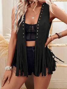 Women Rivet Tassel Vest Open Front Sleeveless Faux Suede Vest Jacket Hippie Costumes - Black - View 2