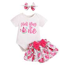 Half Way To One Newborn Baby Girls Birthday Outfits Letter Print Romper Bodysuit Top + Strawberry/Ice Cream/Orange/Watermelon Print Shorts + Bow Headband 3Pcs Clothes Set - 彩色 - 查看 1