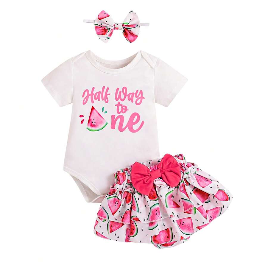 Half Way To One Newborn Baby Girls Birthday Outfits Letter Print Romper Bodysuit Top + Strawberry/Ice Cream/Orange/Watermelon Print Shorts + Bow Headband 3Pcs Clothes Set - 彩色 - 查看 1