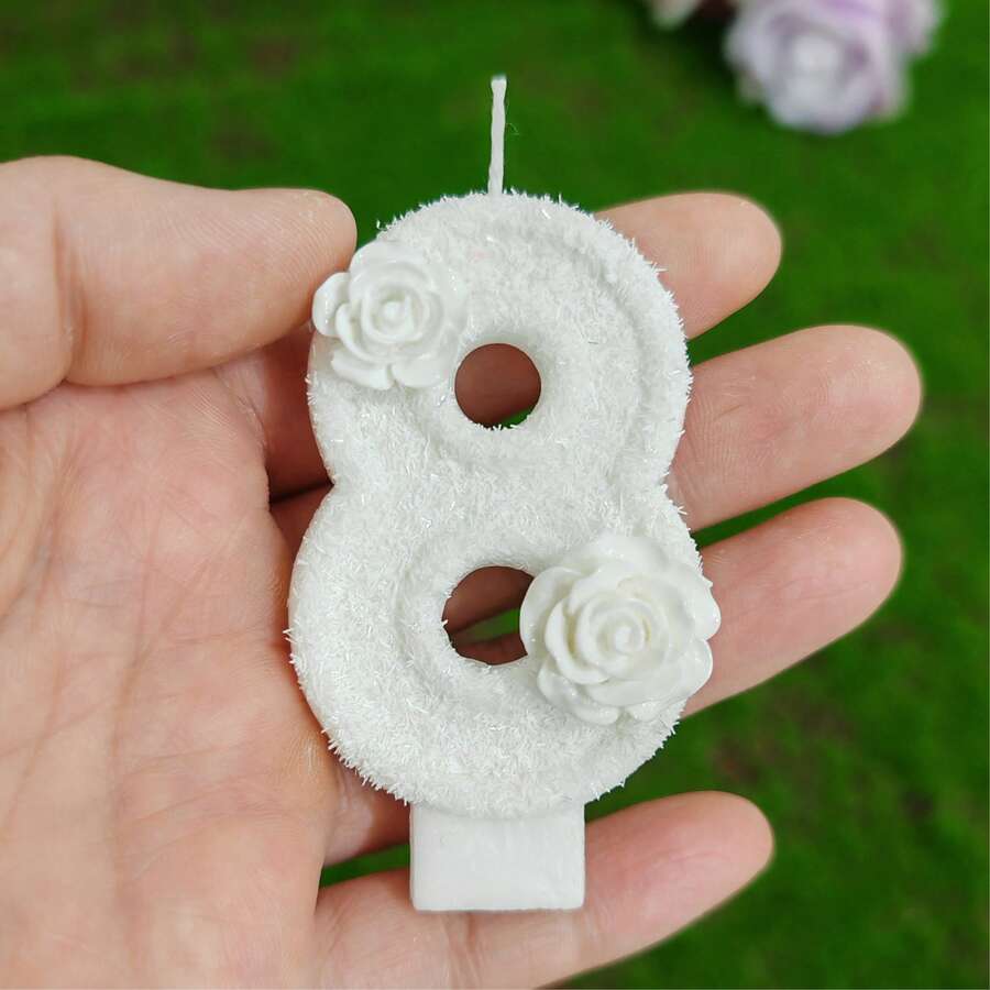 简约闪亮白色亮片数字蜡烛,优雅纯白色花卉生日蜡烛,适合节日派对氛围、蛋糕装饰 - 白色 - 查看 1