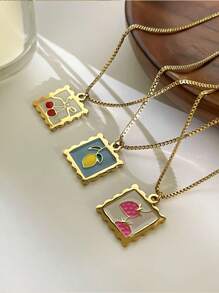 1 pieza Collar con colgante de cereza de fruta linda, collar con colgante cuadrado versátil de fresa colorida o limón de moda para mujer