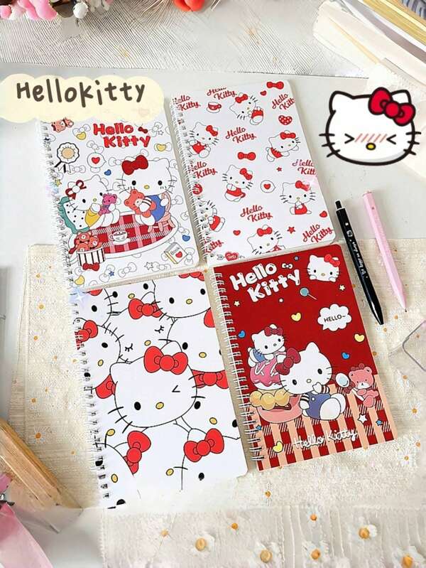 Sanrio 4 Stück/Set süße rosa spiralgebundene Hello Kitty A5/A7 Notizbücher, Cartoon Notizblöcke, Tagebücher, Kontobücher, Schul- und Bürobedarf, Geschenk zum Schulstart