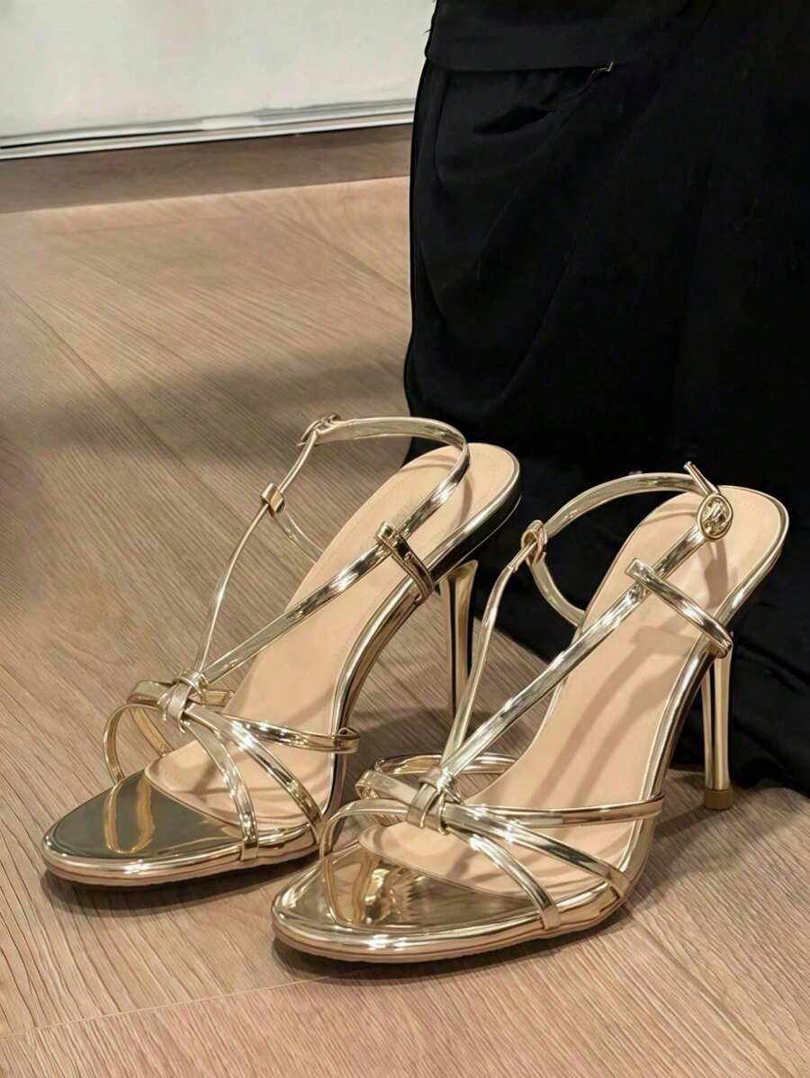 2024 New Summer Women Metallic Color Strap High Heel Sandals, Elegant Lady Stiletto Shoes