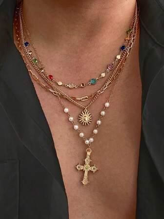 4 件套复古奢华多色水晶十字架吊坠项链，男士休闲日常服装配饰，节日佳品
