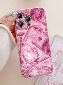 1pc Banknote Pattern Pink Edge Matte Lens Protection Anti-Fall Phone Case Compatible With Samsung//Redmi/VIVO/OPPO