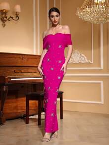 Girsdy 紫红色优雅女士蝴蝶结露肩修身绷带连衣裙，性感手工镶钻休闲鸡尾酒会紧身长裙 - 玫紅色 - 查看 4