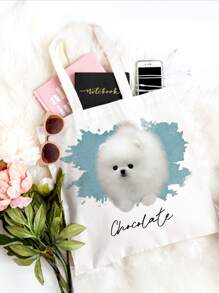 1pc Custom Pet Photo And Name Canvas Tote Bag - Personalized Pet Portrait Bag - Dog Bag For Women - Dog Mom Bag .This Personalized Tote Bag Is Light And Thin. After You've Finished Using It