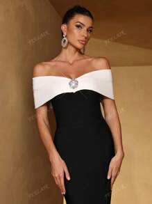 FEELAIR New Women Sexy Off-Shoulder Black & White Color Block Diamond Buckle Embellished Tight Maxi Bandage Dress, Fashion Lady's Holiday, Wedding, Party, Formal Occasion Gown