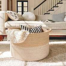 1pc Nordic Woven Storage Basket, Thick Foldable Laundry Organizer, Large Toy Basket For Home Bedroom Living Room, Durable Handmade Wicker Basket, Boho Decor Container For Clothes Blanket Organization - Multicolor - View 2