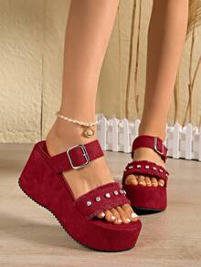 Women's Red Plus Size Thick Bottom Wedge Sandals With Rhinestone Decor, Tassel, Strap Design, Round Toe, Fashion Versatile Waterproof Platform Heels For Summer 2025, Suitable For Dress, Pants, Street And Beach Wear - Red - View 2