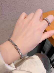 2pcs European & American Style Vintage Rivet Asymmetrical High-End Luxury Personalized Copper Ring & Bracelet Jewelry Set