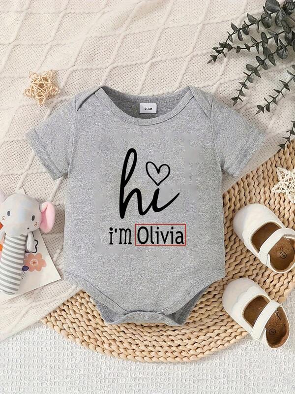 Barboteuse bébé personnalisée avec impression de nom personnalisé, Combinaison bébé fille/garçon, Tenue décontractée mignonne, Cadeau d'anniversaire - Blanc, Col rond, Port toutes saisons, Mode