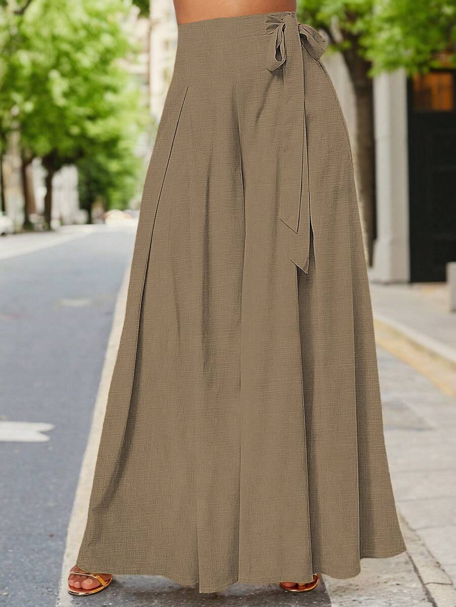 Women's Fashionable, Casual & Elegant Wide-Leg Pants Made Of Coarse Fabric, High-Waisted With Elastic Waistband And Side Straps, Suitable For Spring/Summer