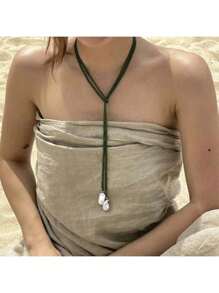 1 pieza Collar largo de mujer con colgante de cristal minimalista, perla falsa y cuentas, elegante para estilo de playa, accesorio de uso diario