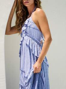 Women Y2K Summer Boho Long Dress Sleeveless Deep V Neck Halter Neck Layered Ruffle Maxi Dress Flowy Swing Beach Dress - Biru - View 4
