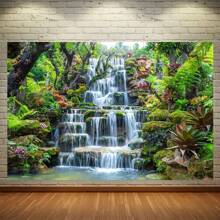 1pc, Fabric Garden Waterfall Background Mountain Rock Flowing Water Lake River Green Forest Trees Natural Background Home Wall Decoration Photography Studio Props