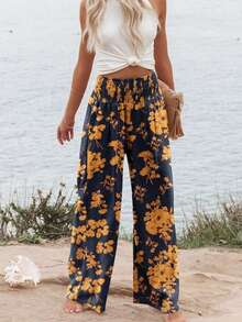 Women's Beach Floral Print Drawstring High Waist Wide Leg Pants - Multicolor - View 1