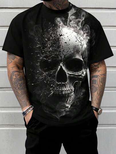 Men's Plus Size Casual Skull Print Short Sleeve T-Shirt, Summer