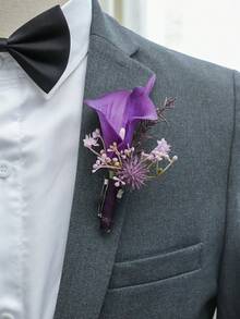 6pcs/1pc Purple Calla Lily Flower Polyester Fiber Boutonniere, Romantic Mori Style, Suitable For Groom, Bridesmaid, Wedding, Party, Anniversary Decoration Valentine's Day Accessories
