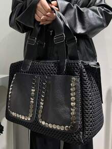 Ladies' Fashionable Y2K Mesh Shoulder Bag, Large Capacity Spliced Rivet Retro Crossbody Bag, Multi Pocket Urban Street Style Handbag - Black - View 8