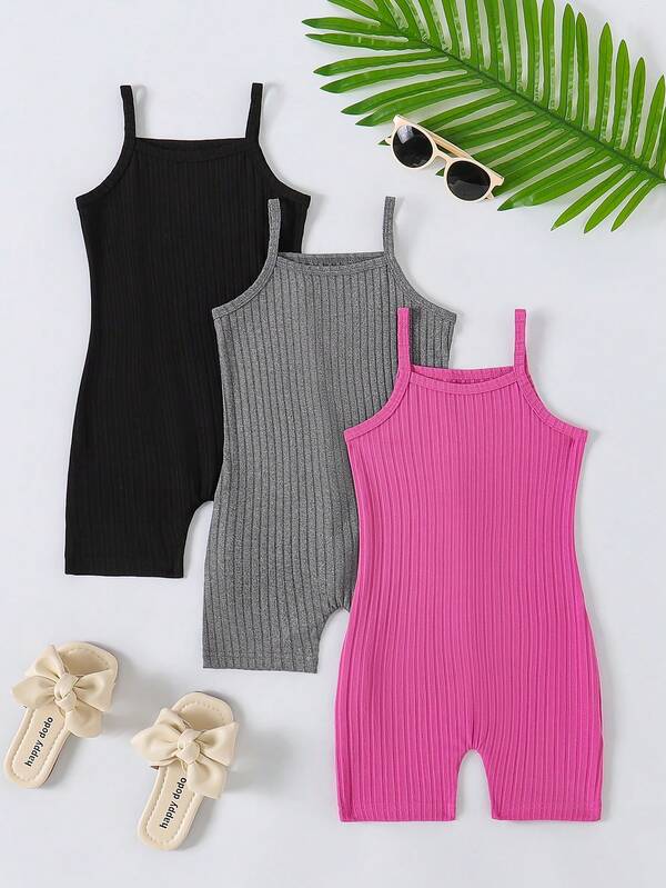 3 Pcs Baby Girls' Solid Color Ribbed Strap Romper Set, Sports & Outdoor