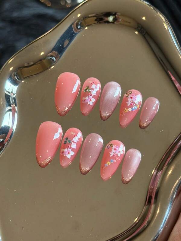 10pcs Handmade Manicure Wear Gel Polish French Tip Flower Cat Eye Simple Elegant White Look Reusable Fake Nail Strips, Suitable For Parties, Dates, Christmas, Mother's Day And Other Festivals