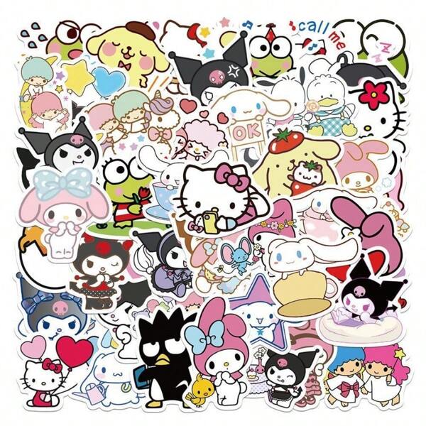 Sanrio Sanrio 50/100 Pieces/Set Adhesive Cute Kawaii Stickers Waterproof Vinyl Animation Decals Funny Cat Cartoon Stickers Laptop Decoration Waterproof Stickers Hello Kittys Kuromis Cinnamorolls My Melodys Pochaccos Pom Pom Purins (Some Parts May Be Random)