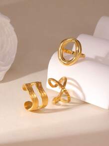 GEREIT 3pcs/Set 18K Stainless Steel Double Layer Hollow Round Open Ring Set, Suitable For Women Daily Wear