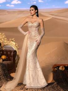Faeriesty Vestido de noche elegante con escote de lentejuelas con efecto de esmalte, con cobertura de manga desprendible, panel lateral asymmétrico y vestido de Mermaid con abertura alta en el muslo - perfecto para galas de corbata negra, recepciones de boda de lujo, eventos de alfombra roja, fiestas de Año Nuevo, bailes ejecutivos de caridad