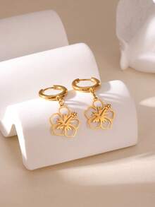 GEREIT 1 Pair Fashionable 18k Stainless Steel Golden Hibiscus Earrings, Versatile Everyday Wear For Women - Peach Blossom - View 3